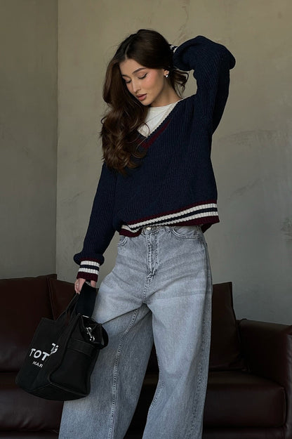 Striped Color Block V-neck Loose Knit Sweater