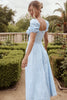 Blue Ivory Puff Sleeve Midi Dress