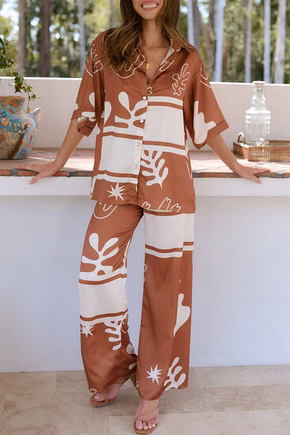 The Beach Unique Color Block Print Button Up Shirt and Elastic Waist Pants Set
