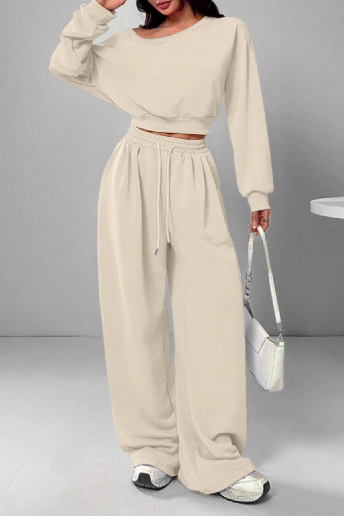 Ribbed Off Shoulder Crop Sweatshirt Pants Set