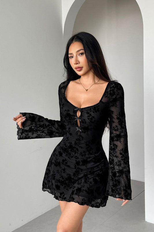 Flocked Cutout Bow Long Sleeve Mini Dress