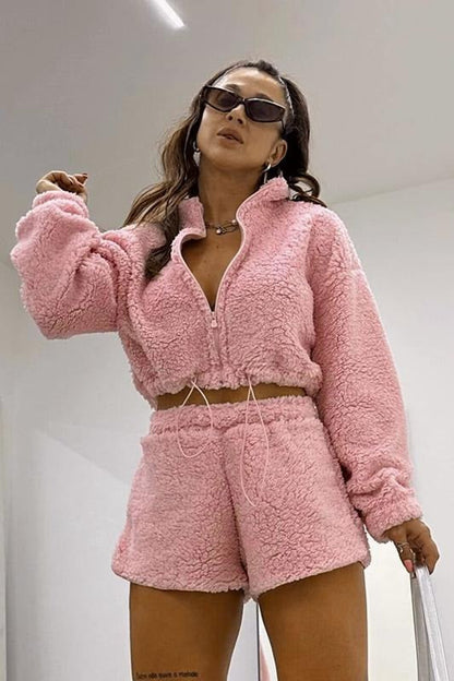 Fleece Lined Bubble Fleece Cropped Two Piece Set