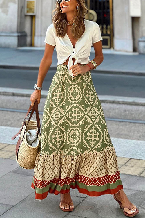 Bohemia Printed Elastic Waist Ruffle Maxi Swing Skirt