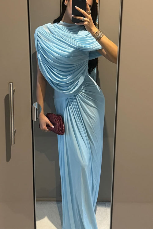 Moxidress Shawl Collar Ruched Asymmetric Maxi Dress