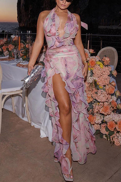 Dreamy Ruffle Halter V Neck Slit Watercolor Maxi Dress