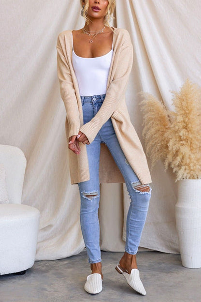 Open Front Pockets Knitting Midi Cardigan