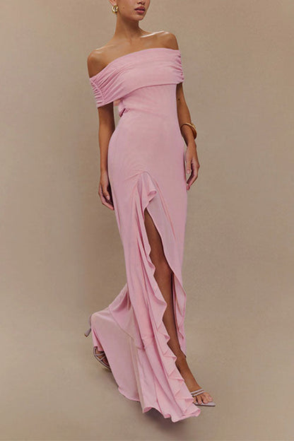 Moxidress Off Shoulder Back Cut Out Ruffle Slit Maxi Dress