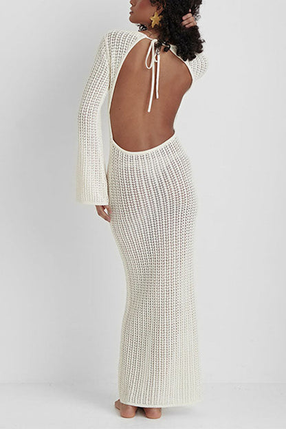 V Neck Long Sleeves Backless Crochet Hollow Out Knit Maxi Dress