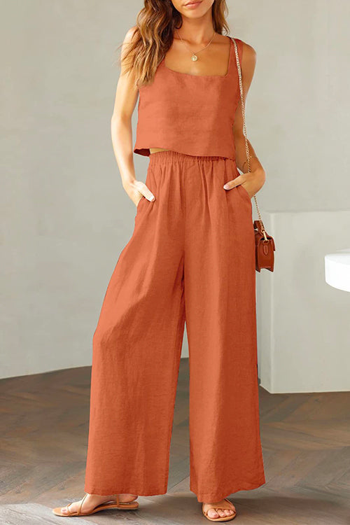 Square Collar Cami Crop Top Wide Leg Pants Cotton Linen Set