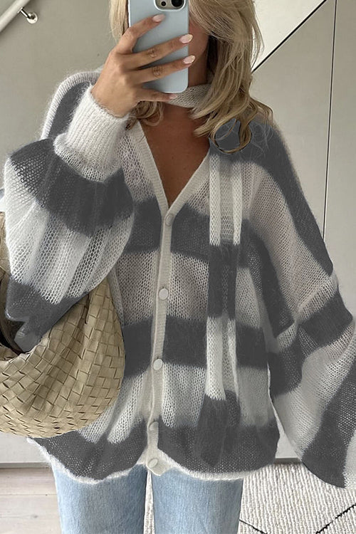 Moxidress Lantern Sleeves Button Down Color Block Stripes Sweater With Scarf