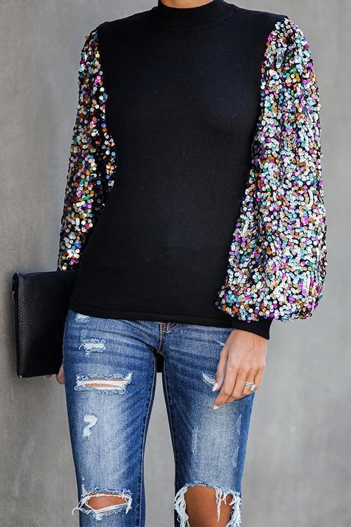 Sequin Lantern Sleeve Festive Blouses