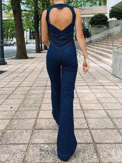 High Rise Denim Jumpsuit With Backless Zip Up
