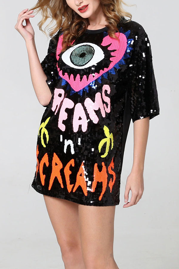 Love Eyes Letters Sequined Round Neck Short Sleeve Mid-length Loose T-shirt