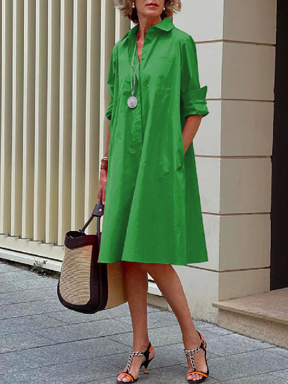 Simple Long Sleeves Color Lapel Midi Dress