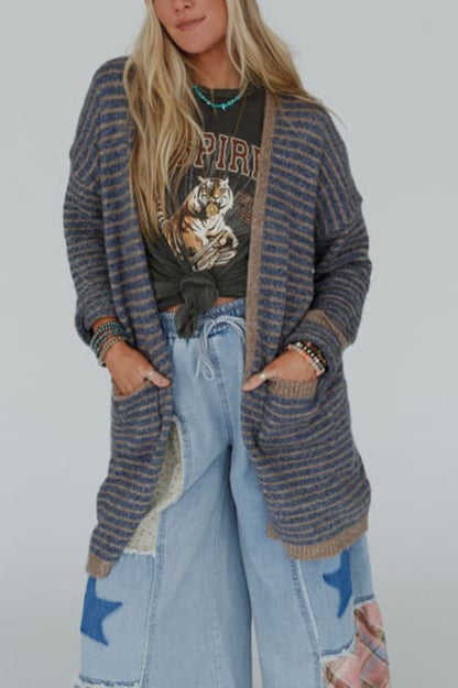 Contrast Striped Loose Long-sleeved Mid-length Knitted Cardigan