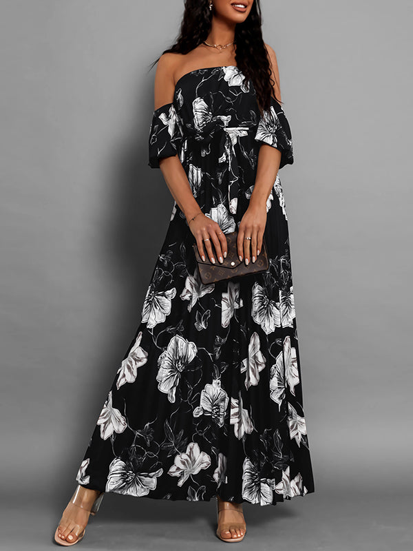 A-line Loose Elasticity Flower Print Pleated Split-joint Tied Waist Off-the-shoulder Maxi Dresses