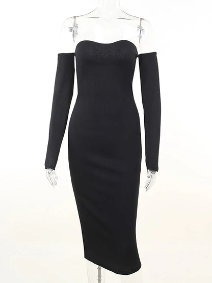 Off Shoulder Knitted Dress Autumn Long Sleeve Strapless Bodycon Maxi Dresses Evening Party Vestidos Female