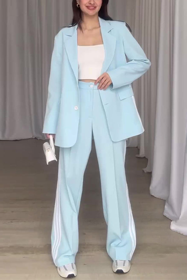 Fresh and Style Striped Trim Lapel Blazer and High Rise Pocket Loose Pants Set