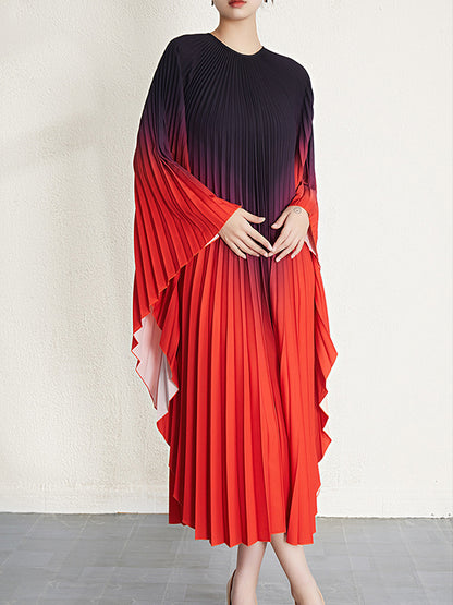 Batwing Sleeves Loose Gradient Pleated Round-neck Midi Dresses