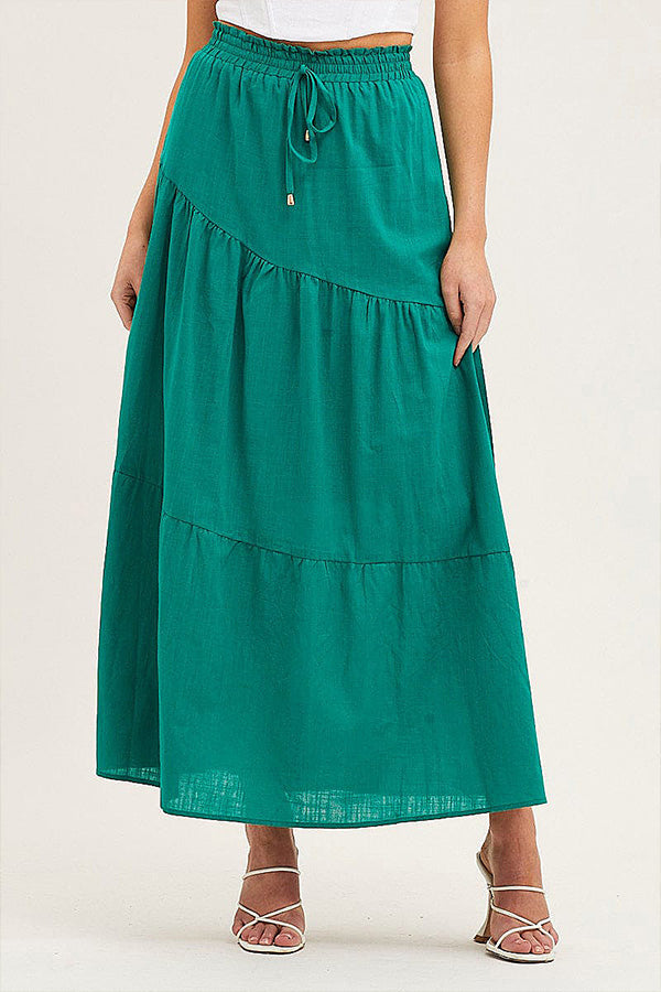 Color Cotton and Linen Elastic Waist Pleated Skirt