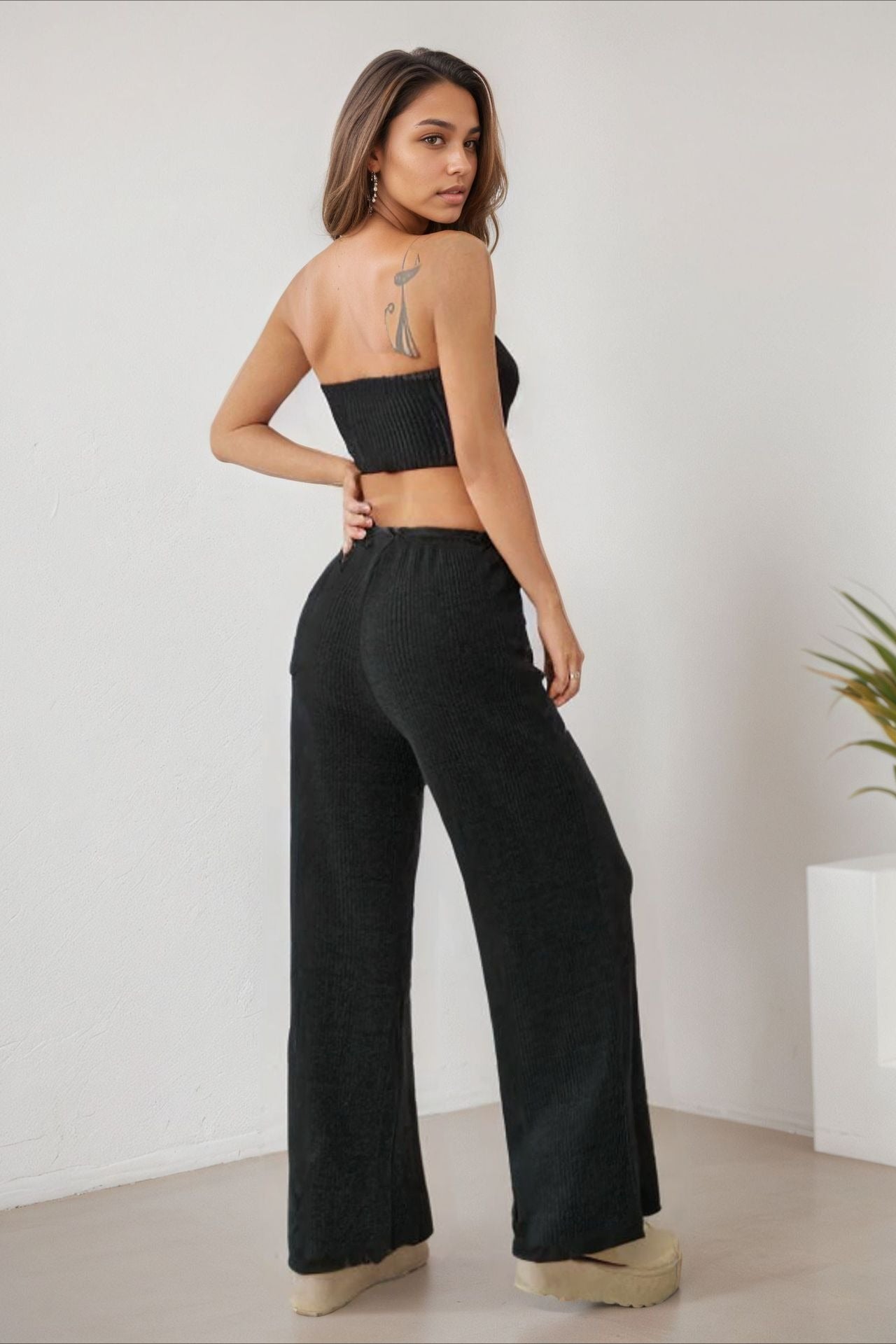 Wrap Front Split Hem Top Straight Pants Set