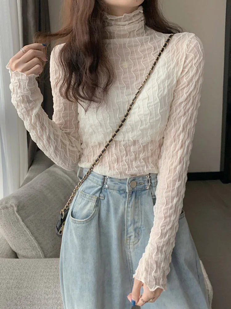 Lace Mesh High Collar Bottom T-shirts Female Long Sleeve Autumn Style Tight Thin Tops T-shirts Clothes