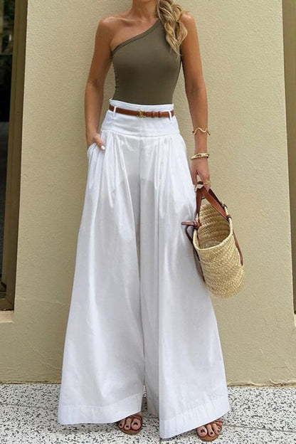Ruched High-waisted Wide-leg Pants
