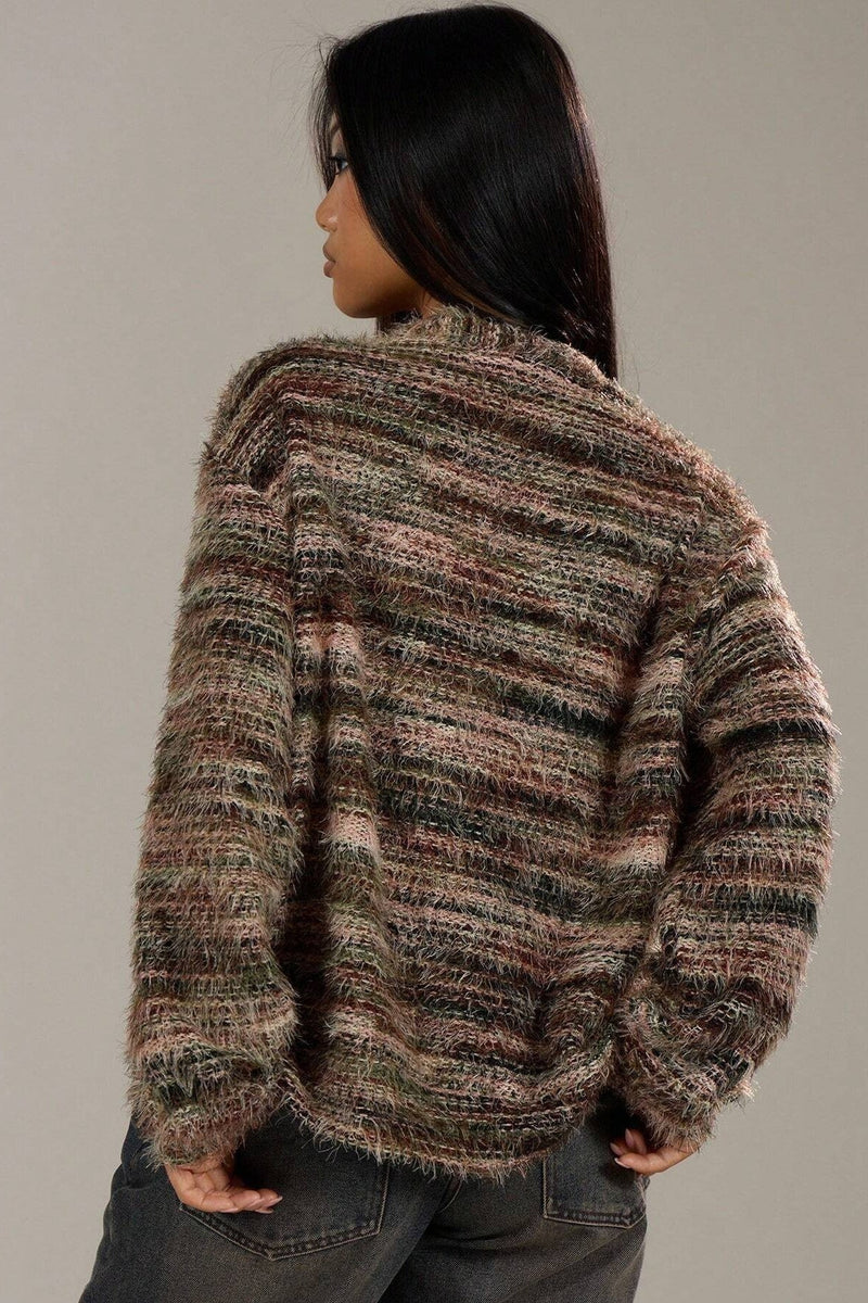 New Retro Deep V-neck Maillard Plush Long-sleeve Knit Cardigan