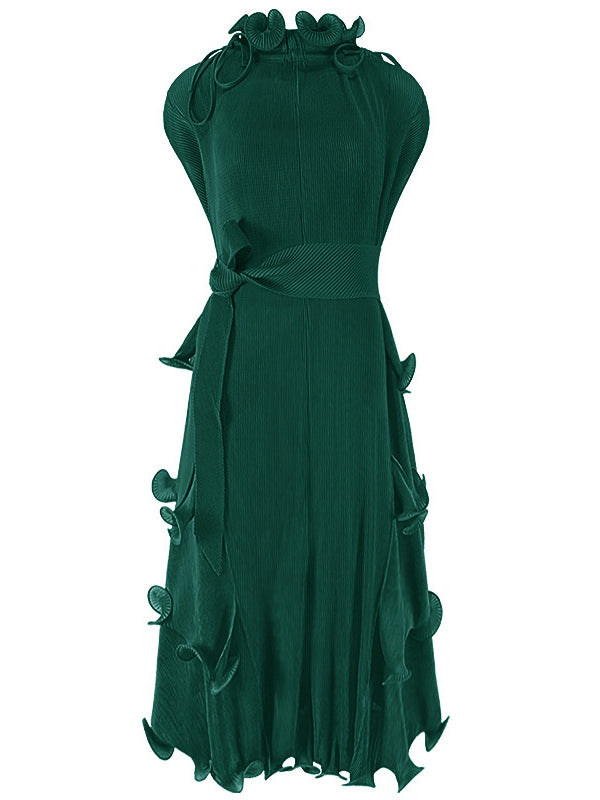 Loose Bandage Lacy Color High-neck Midi Dresses
