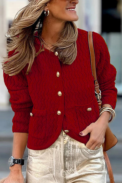Color V-neck Long-sleeved Loose Pocket Knit Cardigan