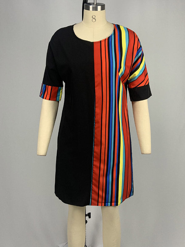 A-line Half Sleeves Asymmetric Contrast Color Striped Round-neck Mini Dresses
