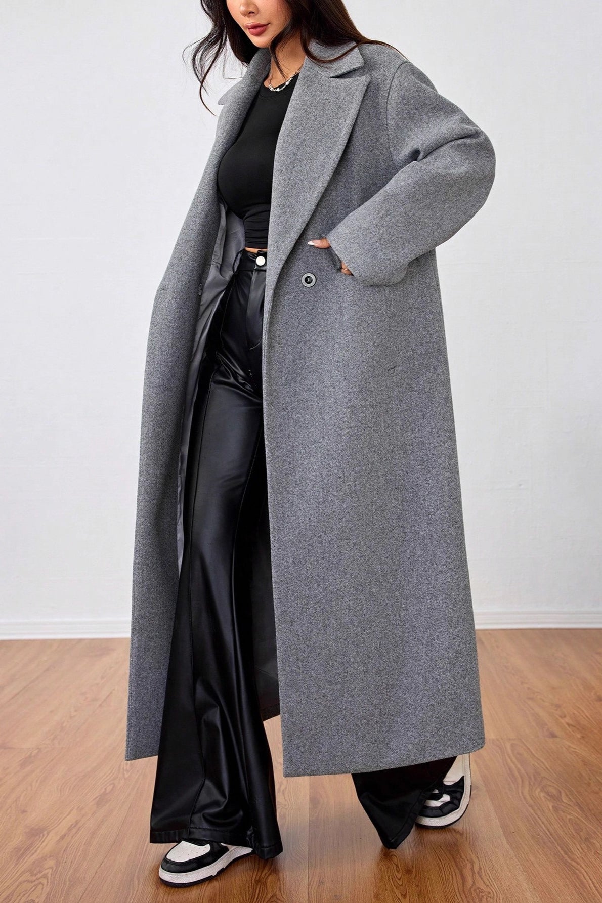 Wool Blend Lapel Long Overcoat
