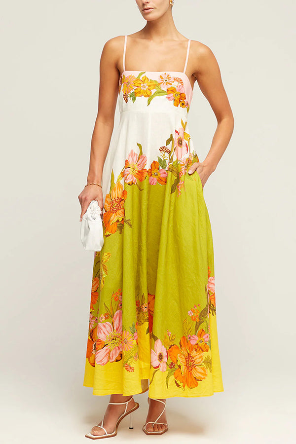 Linen Blend Contrast Print Back Smocked Pocket Maxi Dress