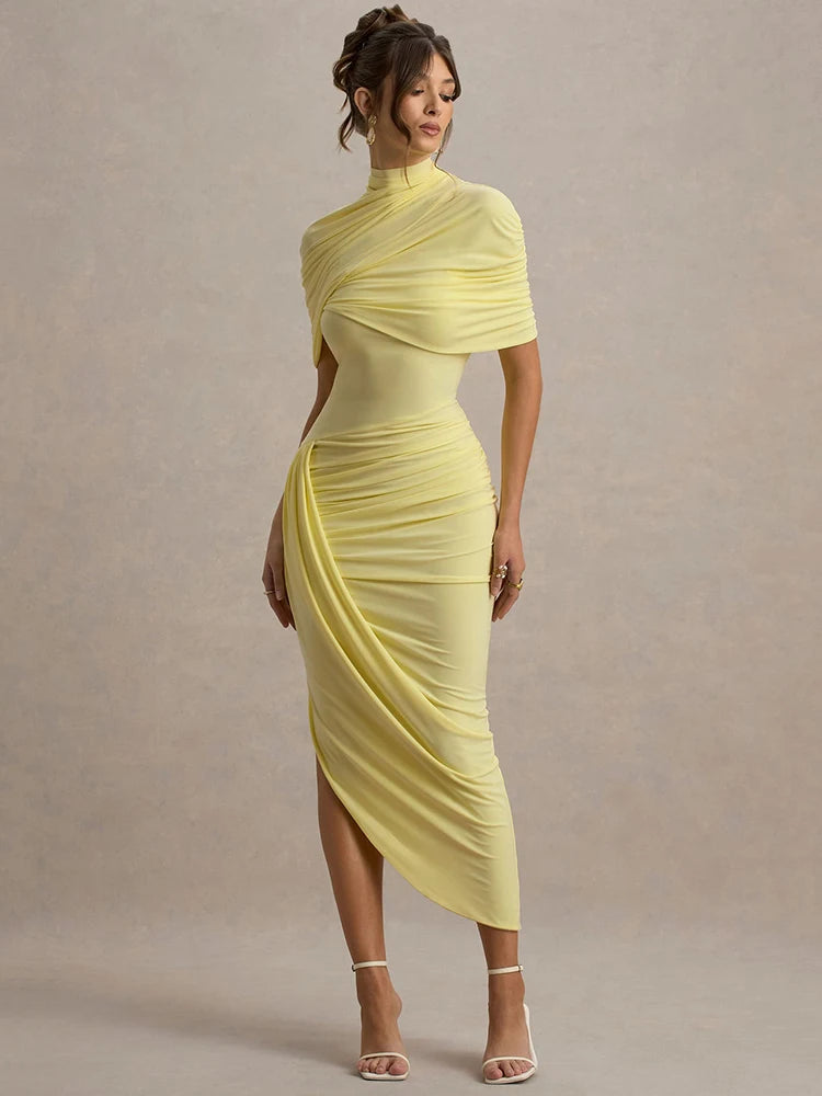 Lyricara — Backless Maxi Dress With Ruched Waist and Turtleneck