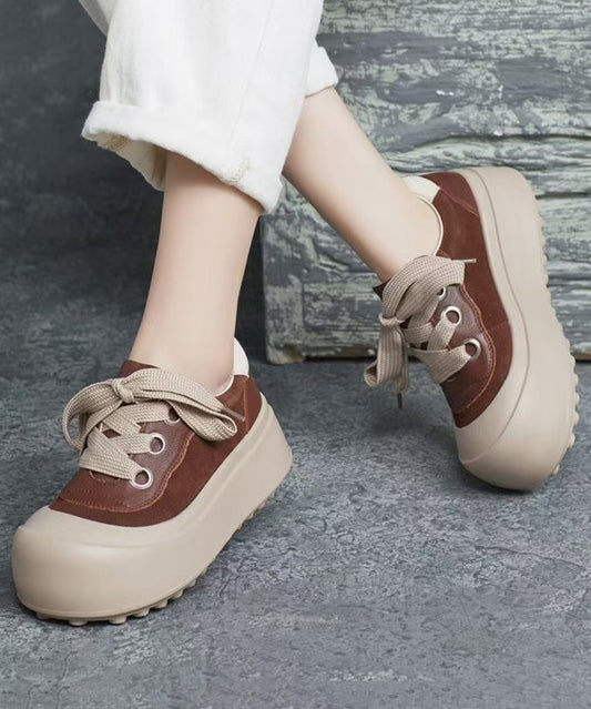 Splicing Platform Flat Shoes Brown Cowhide Leather Lace Up