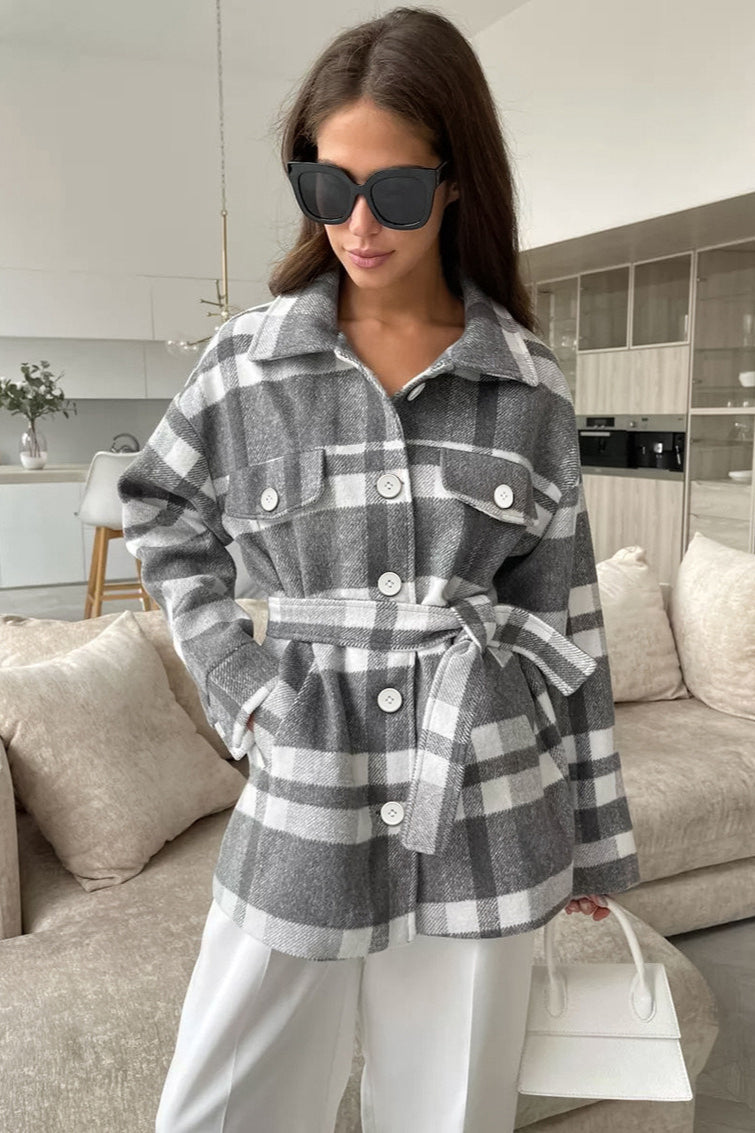 Woolen Plaid Belted Thick Coat