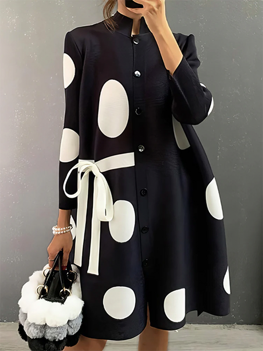 Long Sleeves Loose Asymmetric Buttoned Polka-dot Tied Mock Neck Jackets&coats Midi Dresses Outerwear