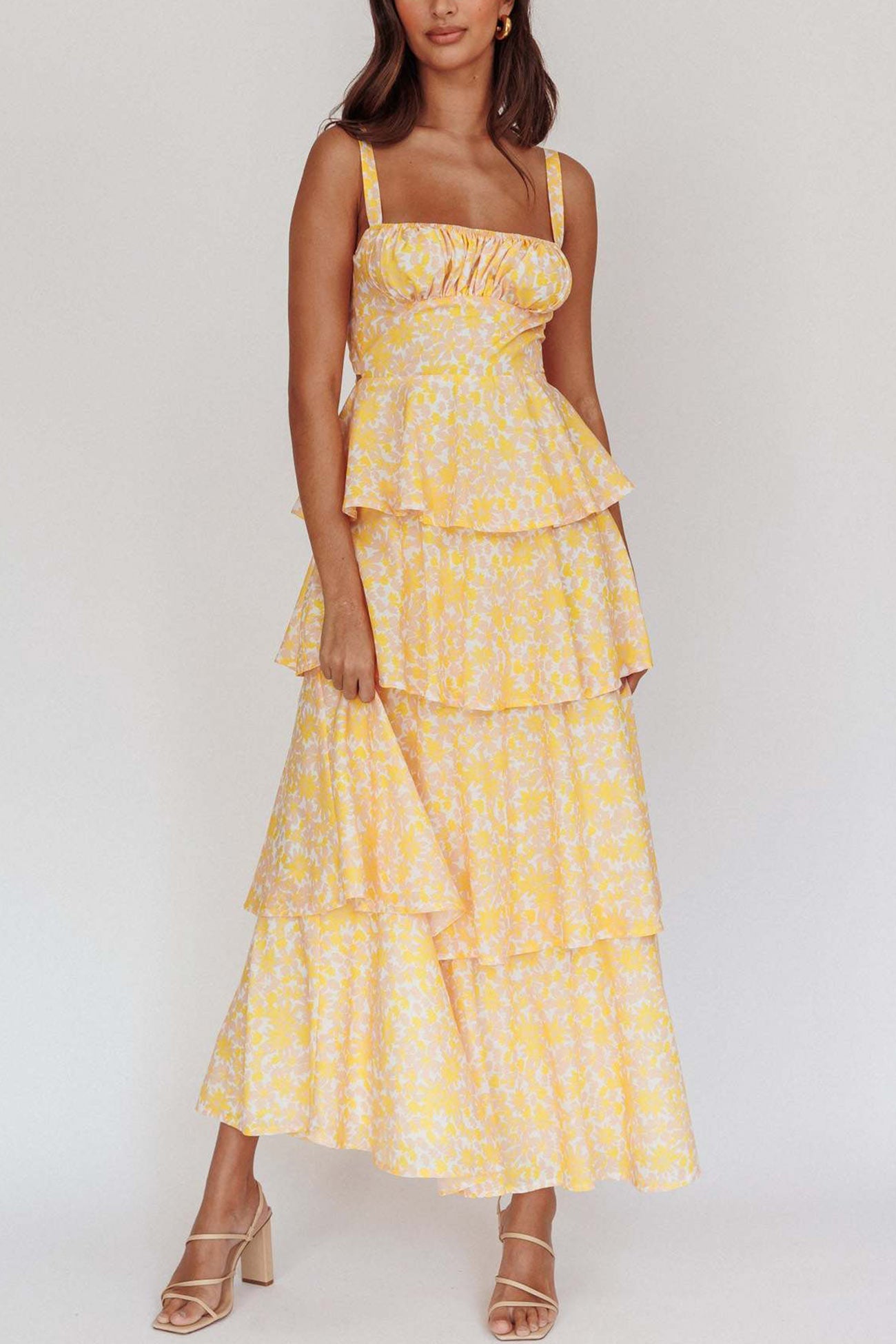 Print Tie-up Tiered Midi Dress