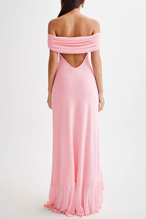 Off Shoulder Back Cut Out Ruffle Slit Maxi Dress