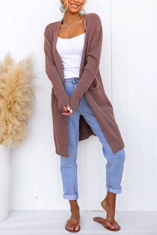 Open Front Pockets Knitting Midi Cardigan