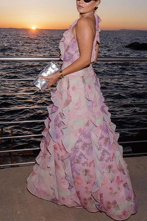 Moxidress Dreamy Ruffle Halter V Neck Slit Watercolor Maxi Dress