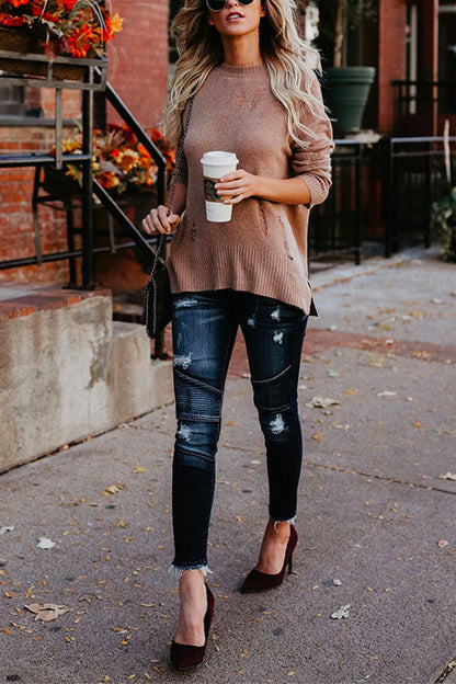 Crewneck Side Split Ripped Comfy Sweater