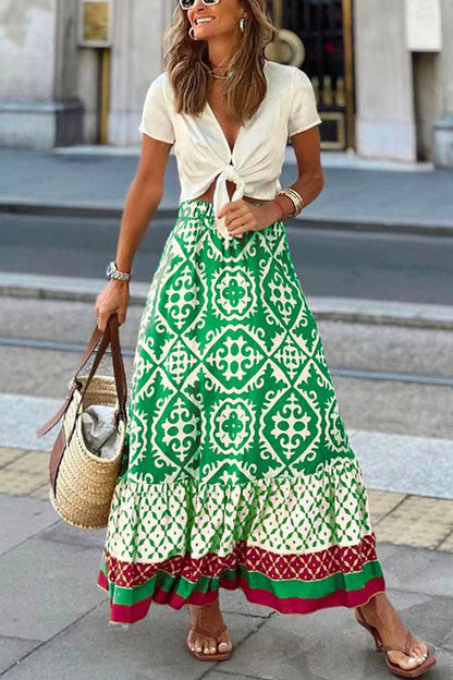 Bohemia Printed Elastic Waist Ruffle Maxi Swing Skirt
