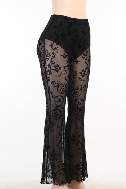 Moxidress Elastic Waist Bell Bottomed Mesh Lace Pants