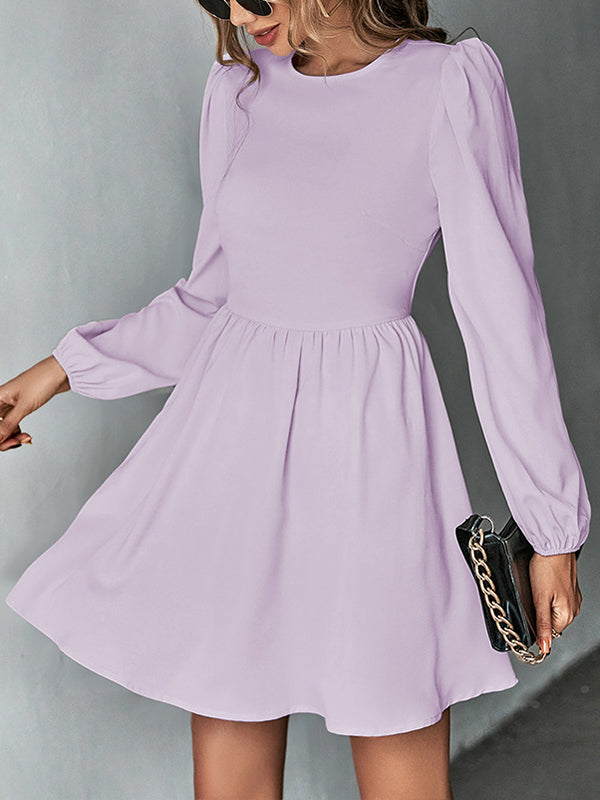 A-line Bishop Sleeve Backless Elasticity Hollow Pleated Color Tied Round-neck Mini Dresses