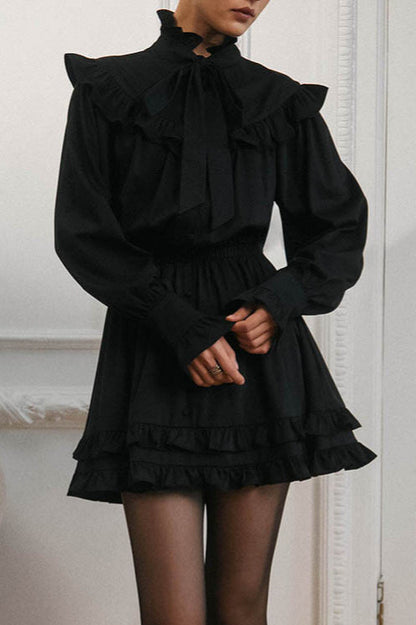 Bow Tie Lace Up Long Sleeve a Line Mini Dress