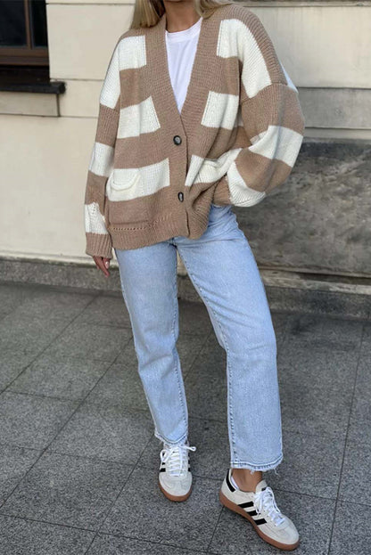 V-neck Long-sleeved Striped Pocket Knitted Cardigan
