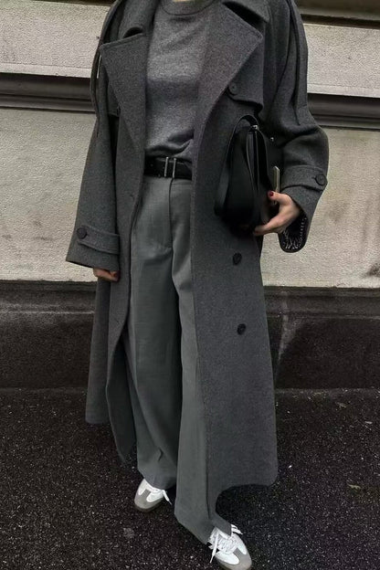Double-breasted Belted Slim-fit Woolen Long Overcoat