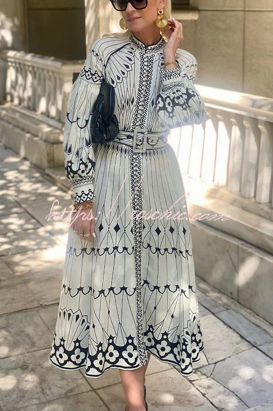 Perfect for Spring Linen Blend Print Button Balloon Sleeve Belted Shirt Midi Dress