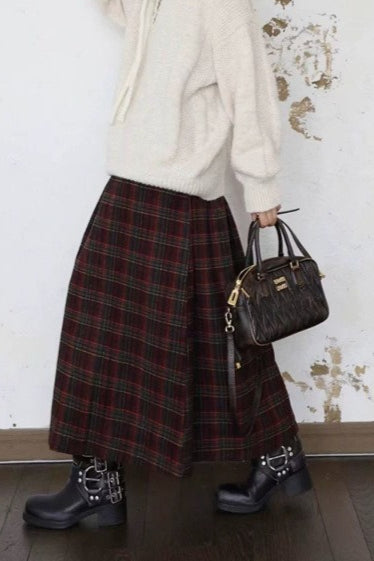 Burgundy Plaid A-line Skirt